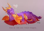  &lt;3 barefoot censored claws convenient_censorship creative_censorship dragon english_text feral fire hi_res horn kellberry looking_at_viewer lying male nude on_side open_mouth pillow portrait purple_eyes purple_skin scales scalie sharp_claws sharp_teeth smoke solo spyro spyro_the_dragon tail_censorship teeth text toe_claws video_games wings 