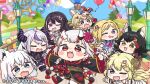  6+girls :d ahoge aircraft aki_rosenthal aki_rosenthal_(1st_costume) animal_ear_fluff animal_ears azki_(4th_costume)_(hololive) azki_(hololive) balloon black_hair black_kimono blonde_hair blue_hair blue_shirt blue_sky blurry blurry_background blush_stickers boots chibi closed_eyes cloud commentary_request day demon_horns depth_of_field detached_sleeves double_bun dress fang fangs ferris_wheel fox_ears frilled_sleeves frills grey_hair grey_jacket hair_bun hat hololive horns hot_air_balloon jacket japanese_clothes jester_cap kimono la+_darknesss la+_darknesss_(1st_costume) lamppost long_hair long_sleeves mask mask_on_head mochimiko multicolored_hair multiple_girls nakiri_ayame nakiri_ayame_(1st_costume) official_art omaru_polka omaru_polka_(1st_costume) oni oni_mask ookami_mio ookami_mio_(1st_costume) outdoors pink_dress pink_hair pleated_skirt purple_boots purple_dress purple_eyes purple_hair red_eyes red_hair sheep_ears sheep_girl sheep_horns shirakami_fubuki shirakami_fubuki_(1st_costume) shirt skirt sky small_sweatdrop smile streaked_hair sweat thighhighs tilted_headwear tsunomaki_watame tsunomaki_watame_(1st_costume) two-tone_hair two_side_up very_long_hair virtual_youtuber wavy_mouth white_skirt white_sleeves white_thighhighs wide_sleeves wolf_ears 