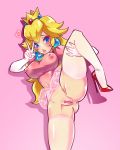 1girl anus bottomless breasts covered_navel cowboy_shot erect_nipples female freakylucky high_heels highres leg_lift mario_(series) nintendo nipples peace_symbol pointless_censoring princess_peach pussy see-through shoes solo spread_legs standing super_mario_bros. thick_thighs thighhighs thighs tutu v 