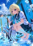  1girl animal aqua_neckerchief barefoot bird black_sailor_collar black_skirt blonde_hair blue_eyes blue_sky bob_cut closed_mouth commentary_request day empty_pool feet fingernails grey_shirt holding holding_hose hose looking_at_animal neckerchief original outdoors penguin pleated_skirt pool reflection reflective_water sailor_collar sakatsuki_yakumo school_uniform serafuku shirt short_hair short_sleeves skirt sky smile solo sparkle squatting toenails toes variant_set water water_drop 