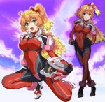  alternate_hair_length alternate_hairstyle boobies_uniform bow breasts check_commentary commentary commentary_request freyja_wion green_eyes hair_bow hal-py helmet large_breasts long_hair macross macross_delta multicolored_hair older orange_hair pilot_suit pose side_ponytail skin_tight two-tone_hair 