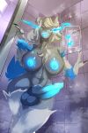 abs absurd_res anthro areola balls blue_areola blue_body blue_fur blue_insides blue_mouth blue_nipples blue_penis blue_tongue canid canid_demon canine claws demon english_text fur genitals glowing glowing_areola glowing_genitalia glowing_insides glowing_mouth glowing_nipples glowing_penis glowing_tongue gynomorph heart_symbol hellhound heterochromia hi_res intersex mammal multicolored_body multicolored_fur mythological_canine mythological_creature mythology nipples nyxxiablue penis shades_realm shower solo text tongue unusual_insides