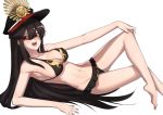  :d arm_support armpits bare_shoulders bikini black_bikini black_hair breasts cleavage crossed_legs fate/grand_order fate_(series) groin hat k_jin long_hair looking_at_viewer medium_breasts navel oda_nobunaga_(fate) oda_nobunaga_(swimsuit_berserker)_(fate) open_mouth red_eyes simple_background smile solo swimsuit teeth very_long_hair white_background 