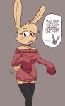 agidyne anthro blush bottomless buckteeth clothed clothing cousins_(lore) female hi_res lagomorph legwear male mammal offscreen_character oversized_clothing oversized_topwear rose_(agidyne) shoulderless_sweater simple_background speech_bubble stephen_(agidyne) stockings tail tail_motion tailwag teeth topwear