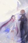  1boy 1girl absurdres arm_at_side bare_shoulders black_boots black_cape black_gloves black_hair black_pants black_shirt blonde_hair blunt_sidelocks blunt_tresses boots cape closed_eyes collared_cape colored_inner_hair columbina_(genshin_impact) dainsleif_(genshin_impact) dress eye_mask facing_another full_body genshin_impact gloves gradient_hair hair_ornament hair_ribbon highres kaimochi0839 long_hair long_sleeves mask multicolored_hair mystical_high_collar no_shoes off_shoulder open_mouth pants pink_hair reflection reflective_water ribbon ripples shirt short_hair sidelocks smile standing streaked_hair toes tress_ribbon water white_dress white_mask white_ribbon wide_sleeves wing_hair_ornament 