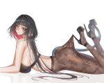  1girl alternate_costume animal_ears ass bare_shoulders black_bra black_hair black_shoes blue_eyes bra breasts brown_pantyhose closed_mouth commentary english_commentary floral_print_pantyhose from_side grey_tail high_heels highres hooked_on_heel jane_doe_(zenless_zone_zero) lace_pantyhose lace_pantyhose_hooked_on_heel_(meme) large_breasts long_hair long_tail looking_at_viewer lying meme mouse_ears mouse_girl mouse_tail no_shirt on_stomach pantyhose reflection s7nsles see-through_clothes sharp_tail shoes simple_background solo tail underwear white_background zenless_zone_zero 