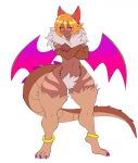  anklet bat blonde_hair blush claws crotch_tuft dragon ear_piercing female fluffy grumpy hair humanoid_face hybrid jewelry kazudanefonfon mammal membranous_wings neck_tuft nude piercing rav solo thick_thighs tuft wings yellow_eyes 