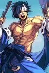  :d abs belt blue_eyes blue_hair blue_pants commentary detached_sleeves guilty_gear hands_up hankuri headband holding male_focus mito_anji muscle open_mouth pants smile solo standing 