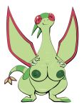 2025 3_fingers areola big_breasts big_wings biped breasts claws eyes_closed female fingers fizzpop flygon generation_3_pokemon green_areola green_body green_breasts green_nipples green_skin green_tail green_wings hand_on_breast hi_res huge_breasts looking_at_viewer nintendo nipples nude pokemon pokemon_(species) semi-anthro simple_background solo standing tail white_background white_claws wings