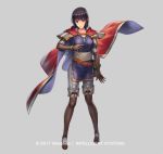  black_hair boots bracelet brown_eyes cape company_name cuboon fire_emblem fire_emblem:_thracia_776 fire_emblem_heroes full_body gloves grey_background jewelry necklace official_art olwen_(fire_emblem) simple_background solo 