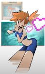  1girl bare_shoulders bikini blue_bikini blue_eyes breasts collarbone green_eyes heart highres looking_at_viewer medium_breasts misty_(pokemon) navel open_mouth orange_hair pokemon pokemon_card pokemon_tcg shakeeeeeeeee short_hair side_ponytail smile sports_bikini stomach sugimori_ken swimsuit trading_card 