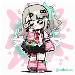  ... 1girl alternate_hair_color autis_tic bandaid bandaid_hair_ornament black_sclera black_skirt blush bow bright_pupils chibi chibi_only chinatsu_remiel colored_sclera commentary_request earrings flower_in_eye full_body fur-trimmed_skirt fur_trim green_bow green_eyes grey_hair hair_ornament halo hand_on_own_cheek hand_on_own_face head_tilt jewelry leg_warmers long_hair motion_lines multiple_hair_clips multiple_thigh_straps musical_note musical_note_earrings necktie open_mouth pink_arm_warmers pink_bag pink_halo pink_leg_warmers polka_dot_necktie print_necktie red_necktie ring_hair_ornament shirt skirt solo speech_bubble splatter_background squiggle striped_arm_warmers striped_leg_warmers symbol_in_eye tamagotchi_(virtual_pet) thick_eyebrows twitter_username virtual_pet_(toy) white_background white_pupils white_shirt white_wings winged_bag wings zenless_zone_zero 