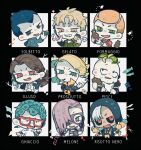 6+boys black_hood black_jacket blindfold blonde_hair blood blue_eyes blue_hair bottle bracelet brown_hair bullet character_name chibi chibi_only cigarette colored_blindfold curtained_hair dna evil_grin evil_smile fang formaggio gelato_(jojo) ghiaccio glass_shard glass_shards glasses gloves green_eyes green_hair grin hair_over_one_eye highres holding holding_bottle holding_paper illuso jacket jewelry jojo_no_kimyou_na_bouken long_hair long_sleeves male_focus melone multicolored_eyes multiple_boys ok_sign open_mouth orange_eyes orange_hair paper pesci pill pill_bottle prosciutto_(jojo) purple_gloves purple_hair quad_tails red-framed_eyewear red_eyes red_jacket risotto_nero scissors shaded_face sharp_teeth shinoru_all short_hair short_sleeves skull smile smoke smoking sorbet_(jojo) sweat teeth two-tone_eyes upper_body vento_aureo very_short_hair white_hair 