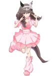  1girl absurdres animal_ears becherry blush braid braided_sidelocks breasts brown_hair clothing_cutout cropped_shirt curren_bouquetd'or_(umamusume) full_body grey_eyes hair_between_eyes hair_ornament hairband highres horse_ears horse_girl horse_tail layered_skirt long_braid long_hair looking_at_viewer loose_socks low_twin_braids meni_shuki_rush-sshu! mismatched_ear_covers open_mouth pink_shirt pink_shoes pink_skirt pink_socks shirt shoes shoulder_cutout simple_background skirt socks solo tail twin_braids umamusume white_background white_streaks 