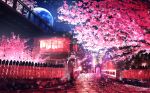  cherry_blossoms commentary fence highres kyoto landscape moon night no_humans original scenery smile_(qd4nsvik) tree 