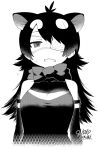  animal_ears artist_name australian_devil_(kemono_friends) bare_shoulders black_hair bow bowtie commentary_request dated detached_sleeves extra_ears eyepatch fang greyscale kemono_friends long_hair looking_at_viewer medical_eyepatch monochrome signature simple_background solo upper_body yoshida_hideyuki 