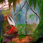  1girl arthropod_girl bench black_eyes black_skin blipbugbug bug butterfly cloak colored_skin crack cracked_glass full_body hashtag-only_commentary highres holding holding_map hollow_eyes hollow_knight hollow_knight:_silksong horned_mask hornet_(hollow_knight) horns in-universe_location indoors leaf map mask moss mossgrub_(hollow_knight) mossmir_(hollow_knight) needle_(hollow_knight) plant reading red_cloak sitting vines weapon 