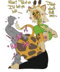anthro big_butt blonde_hair blue_lips bottomwear breasts butt choker clothed clothed_sex clothing duo ear_piercing ear_ring english_text faceless_character faceless_male female flashing flashing_breasts from_behind_position fur giraffe giraffid green_clothing green_eyes green_shirt green_topwear guillion hair hi_res horn huge_butt human human_on_anthro interspecies jewelry larger_anthro larger_female lips looking_at_another looking_back looking_back_at_another male male/female mammal necklace nipples nivie_mielentuli ossicone pants piercing plap_(sound) ring_piercing sex shirt simple_background size_difference smaller_human smaller_male smug tail text topwear white_background yellow_body yellow_fur yoga_pants