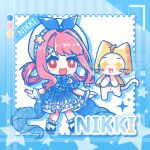  +_+ 1girl absurdres ahoge animal ankle_socks back_bow bare_shoulders beret berry_(xinjinjumin868478986919) blue_background blue_bow blue_bowtie blue_choker blue_dress blue_shoes blue_sleeves blue_theme blue_wrist_cuffs blush_stickers bow bow_choker bowtie bright_pupils brown_eyes bubbly_voyage_(infinity_nikki) buttons cat chibi chinese_commentary choker cloak clothed_animal color_guide commentary_request commission detached_sleeves dress drop_shadow ear_covers eyelashes footwear_bow frilled_dress frilled_sleeves frilled_socks frilled_wrist_cuffs frills hair_intakes hair_ornament hair_rings hairclip happy hat hat_bow hat_ornament highres hood hood_up hooded_cloak infinity_nikki light_blush looking_at_viewer medium_dress momo_(nikki) nikki_(nikki) nikki_(series) open_mouth own_hands_together pleated_dress rabbit_hair_ornament sample_watermark shoes short_hair_with_long_locks short_sleeves sidelocks smile socks sparkling_eyes standing star_(symbol) star_hat_ornament star_symbol_background strapless strapless_dress striped_bow two-tone_background vertical-striped_background vertical-striped_bow viewfinder watermark whiskers white_background white_cat white_hat white_pupils white_socks wrist_cuffs yellow_cloak 