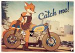  anthro areola black_nose breasts canine cheek_tuft clothed clothing dipstick_tail ears_back english_text fangs female fox fox-pop gloves looking_at_viewer mammal markings motorcycle multicolored_tail outside overalls red_eyes red_fox socks_(marking) solo text tongue tongue_out tuft vehicle 