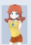  1girl arms_behind_back blue_eyes breasts brown_hair earrings flower_earrings grin happy jewelry legs looking_at_viewer mario_(series) mario_tennis nintendo pose princess_daisy sassy shirt short_hair shorts sleeveless smile super_mario_bros. super_mario_land tomboy yellow_shirt 