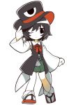  1other androgynous bare_legs bare_shoulders black_coat black_eyes black_hair black_hat buttons clenched_hand closed_mouth coat coattails collared_shirt collared_socks commentary detached_sleeves dot_nose english_commentary enraku_tsubakura expressionless eye_of_senri frown full_body green_hakama hair_between_eyes hakama hakama_short_skirt hakama_skirt hand_on_headwear hat japanese_clothes kokum0tsu len'en long_sleeves looking_at_viewer one_eye_closed other_focus red_hat red_sandals sandals shirt short_hair simple_background skirt sleeveless sleeveless_coat sleeveless_shirt socks solo standing top_hat two-sided_fabric two-sided_headwear white_background white_shirt white_sleeves white_socks wide_sleeves zouri 