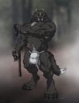  2017 4_toes 5_fingers anthro beckoning biceps biped black_claws black_fur black_nose black_sclera black_tail bulge canine claws clothed clothing collar digital_media_(artwork) digitigrade dipstick_tail facial_scar fangs fluffy fluffy_tail front_view full-length_portrait fundoshi fur hi_res holding_leash holding_object japanese_clothing kougatalbain leash looking_at_viewer male mammal multicolored_tail muscular muscular_male portrait quads red_eyes scar serratus signature solo standing tatsuyo_talbain toe_claws toes topless two_tone_tail underwear wfa white_bottomwear white_clothing white_tail white_underwear wolf 