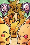  commentary_request creature ditto gen_1_pokemon highres legendary_pokemon mew nature no_humans outdoors pikachu pokemon pokemon_(creature) power_connection spoken_face suzuhara_hakuto too_many too_many_pikachu transformed_ditto transformed_mew walking 