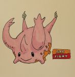  2017 :&gt; alternate_color ambiguous_gender black_eyes corsola english_text feral firefightdex front_view full-length_portrait hatching_(technique) horn marine marker_(artwork) mfanjul mixed_media nintendo no_sclera nude orange_body pen_(artwork) pink_body pink_horn pok&eacute;mon pok&eacute;mon_(species) portrait quadruped shadow simple_background smile smoke solo spikes standing text toony traditional_media_(artwork) two_tone_body vent vertical_bar_eyes video_games white_background 