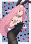  ;d alternate_costume animal_ears arm_strap bangs black_bow black_legwear black_leotard black_neckwear black_ribbon blunt_bangs bow bowtie breasts bunny_ears bunny_tail bunnysuit cleavage collarbone darling_in_the_franxx detached_collar eyebrows_visible_through_hair fake_animal_ears fake_tail green_eyes grin hairband highres horns horns_through_headwear leaning_forward leotard long_hair looking_at_viewer md5_mismatch medium_breasts one_eye_closed open_mouth outside_border pantyhose pink_hair ribbon side-tie_leotard smile solo straight_hair strapless strapless_leotard tail teeth thighband_pantyhose uneg very_long_hair white_hairband wrist_cuffs zero_two_(darling_in_the_franxx) 
