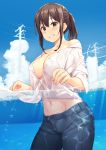  bangs bare_shoulders blue_eyes blush breasts brown_hair cloud cloudy_sky collarbone cowboy_shot day denim dress_shirt grin jeans large_breasts long_hair looking_at_viewer navel no_bra off_shoulder original outdoors pants parted_lips partially_submerged partially_underwater_shot ponytail power_lines sawada_yuusuke shirt sidelocks sky smile solo water 