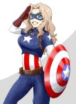  american_flag belt blonde_hair blue_eyes blue_pants brown_gloves captain_america captain_america_(cosplay) cosplay cowboy_shot domino_mask emblem flag_print girls_und_panzer gloves grin hair_intakes highres holding jacket kay_(girls_und_panzer) long_hair long_sleeves looking_at_viewer marvel mask multicolored multicolored_clothes multicolored_jacket pants ringer3727 salute shield smile solo standing star striped two-tone_background utility_belt vertical_stripes 