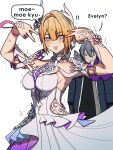  1boy 1girl absurdres black_jacket black_shirt blonde_hair blue_eyes breasts commentary cosplay cyrene_(honkai:_star_rail) cyrene_(honkai:_star_rail)_(cosplay) cyrene_(ripples_of_past_reverie)_(honkai:_star_rail) dorahdew double_v dress english_commentary english_text evelyn_chevalier flower grey_hair hair_flower hair_ornament highres honkai:_star_rail honkai_(series) jacket large_breasts mihoyo shirt short_hair simple_background speech_bubble v white_background white_dress wise_(zenless_zone_zero) zenless_zone_zero 
