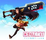  arcade_stick ass black_hair black_legwear brown_eyes cable ceotaku commentary community_effort_orlando controller fingerless_gloves game_controller gloves hair_ribbon high_heels holding holding_sword holding_weapon huge_weapon japanese_clothes joystick kanta-kun long_hair looking_at_viewer mascot original over_shoulder panties pantyshot pantyshot_(jumping) ribbon sandals shiyo_(ceotaku) skirt solo sword thighhighs toes underwear very_long_hair weapon weapon_over_shoulder yellow_ribbon 