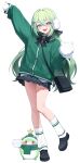  1girl absurdres aran_sweater arm_up bag black_bow black_bowtie black_shoes black_skirt blush_stickers bow bowtie brooch cable_knit chico_(yuzuha_riko) commentary creature double-parted_bangs earmuffs full_body green_eyes green_hair green_scarf green_sweater grey_skirt hair_between_eyes hair_ornament hairclip hand_up highres holding holding_snowball jewelry leg_up leg_warmers loafers long_bangs long_hair long_sleeves looking_at_viewer miniskirt mittens open_mouth parallel_hairclips pleated_skirt purple_eyes scarf shoes shoulder_bag skirt smile snowball socks solo standing star_(symbol) stellive sweater thighs very_long_hair virtual_youtuber white_leg_warmers white_mittens white_socks yireh yuzuha_riko 