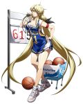  1girl absurdly_long_hair arm_strap ball basketball basketball_(object) basketball_jersey black_ribbon blonde_hair blue_shirt breasts cleavage clothes_writing collarbone contrapposto floating_hair full_body game_cg hair_between_eyes hair_ribbon hand_on_own_hip hand_up head_tilt headband highres holding holding_stopwatch jersey langrisser langrisser_ii langrisser_mobile large_breasts legs long_hair long_sidelocks looking_at_viewer low_ponytail official_alternate_costume official_art orange_eyes ponytail rana_(langrisser) ribbon scoreboard second-party_source shiny_skin shirt shoes sidelocks simple_background sleeveless smile sneakers solo sports_bra sportswear standing stopwatch tachi-e tongue tongue_out transparent_background twintails very_long_hair white_shoes 