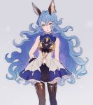  :o animal_ears bangs bare_arms bare_shoulders blue_hair breasts brown_legwear bunny_ears commentary_request dress erune ferry_(granblue_fantasy) frilled_dress frills gloves granblue_fantasy grey_background hair_between_eyes highres jewelry long_hair looking_at_viewer medium_breasts o-ishi open_mouth sideboob simple_background single_earring sleeveless sleeveless_dress solo standing thighhighs v-shaped_eyebrows very_long_hair wavy_hair yellow_eyes zettai_ryouiki 
