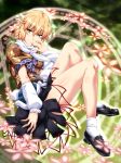  black_skirt blonde_hair breasts commentary_request detached_sleeves eyebrows_visible_through_hair full_body green_eyes grin highres legs magic_circle medium_breasts mizuhashi_parsee ootsuki_wataru pointy_ears scarf shiny shiny_skin short_hair skirt smile socks solo touhou white_legwear 