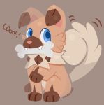  blue_eyes bone creature dog fangs full_body gen_7_pokemon grey_background highres looking_at_viewer motion_lines mouth_hold no_humans pokemon pokemon_(creature) rockruff signature simple_background sitting solo techranova 