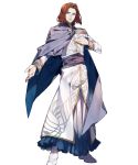  88_taho blue_cape blue_eyes cape collar cyas fire_emblem fire_emblem:_thracia_776 fire_emblem_heroes full_body hand_on_own_chest highres long_sleeves male_focus official_art open_hand parted_lips red_hair robe short_hair solo standing teeth transparent_background white_footwear white_robe 