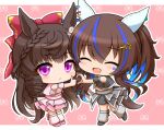  2girls animal_ears black_hair black_shirt black_shorts blue_hair blush bow braid brown_hair chibi chibi_only closed_eyes clothing_cutout colored_inner_hair cropped_shirt daiichi_ruby_(umamusume) daitaku_helios_(umamusume) drill_hair drill_sidelocks ear_covers ear_ornament facial_tattoo fang grey_skirt grey_socks hair_between_eyes hair_bow hair_ornament hairclip heart heart_hands horse_ears horse_girl horse_tail layered_skirt long_hair looking_at_viewer loose_socks meni_shuki_rush-sshu! multicolored_hair multiple_girls open_mouth pink_shirt pink_shoes pink_skirt pink_socks purple_eyes roppaku shirt shoes shorts shoulder_cutout side_drill side_ponytail sidelocks skirt smile socks star_(symbol) star_hair_ornament streaked_hair tail tattoo thumbs_up twin_drills umamusume 