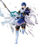  belt blue_eyes blue_hair boots cape finn_(fire_emblem) fire_emblem fire_emblem:_seisen_no_keifu fire_emblem:_thracia_776 fire_emblem_heroes full_body gloves highres injury itagaki_hako male_focus official_art polearm solo spear teeth torn_clothes transparent_background weapon 
