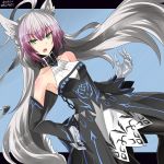  agrius_metamorphosis ahoge animal_ears atalanta_(alter)_(fate) atalanta_(fate) bangs bare_shoulders black_dress black_legwear collarbone commentary_request dated detached_sleeves dress eyebrows_visible_through_hair fate/grand_order fate_(series) gradient_hair green_eyes hair_between_eyes hand_on_hip hebitsukai-san highres long_hair looking_at_viewer multicolored_hair open_mouth pantyhose purple_hair silver_hair sleeveless sleeveless_dress sleeves_past_wrists solo tail twitter_username very_long_hair 