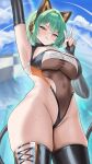  1girl absurdres admiral_nakhimov_(azur_lane) admiral_nakhimov_(cheerleading_mechanic?)_(azur_lane) animal_ear_headphones animal_ears arm_up armpits azur_lane blush breasts buko_(bukosuki) cat_ears cloud covered_navel elbow_gloves fake_animal_ears fingerless_gloves gloves green_hair headphones highleg highleg_leotard highres huge_breasts leotard looking_at_viewer official_alternate_costume outdoors race_queen short_hair skindentation sky smile thighhighs thighs tongue tongue_out underboob v yellow_eyes 