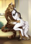  2018 anthro bedroom black_hair breasts brown_fur canine cat day detailed_background digital_media_(artwork) digitigrade duo feline female fur hair holding_(disambiguation) hug hybrid inside lycangel male mammal nude smile striped_fur stripes sunlight tiger white_fur window wolf 