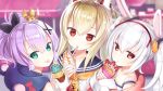  animal_ears ayanami_(azur_lane) azur_lane blonde_hair bunny_ears capriccio close crown drink food fruit gloves green_eyes hoodie ice_cream javelin_(azur_lane) laffey_(azur_lane) loli long_hair ponytail purple_hair red_eyes seifuku strawberry twintails white_hair 