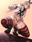  :o animal_ears armpits artist_name black_hairband blonde_hair boots breasts bunny_ears collarbone commentary_request crop_top elbow_gloves fake_animal_ears fat_mons full_body gloves hairband high_heel_boots high_heels highres kantai_collection long_hair looking_at_viewer navel oekakizuki reflection shimakaze_(kantai_collection) small_breasts solo squatting stomach string_panties striped striped_legwear thighhighs wedgie white_gloves yellow_eyes 