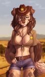  2018 anthro badge belt big_breasts biped blue_bottomwear blurred_background breasts brown_body brown_fur brown_hair brown_spots brown_topwear canine cleavage clothed clothing cowboy_hat denim_shorts digital_media_(artwork) dog english_text female fingerless_(marking) front_view fully_clothed fur hair hat kogar_tg looking_at_viewer mammal midriff multicolored_body multicolored_fur outside shaded shetland_sheepdog shirt shorts skimpy smile soft_shading solo spots spotted_body spotted_fur star tan_body tan_fur text watermark 