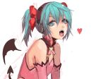  aqua_eyes aqua_hair demon_tail elbow_gloves fangs gloves hair_ribbon hatsune_miku headphones heart heart_hunter_(module) looking_at_viewer open_mouth panties_(pantsu-pirate) project_diva project_diva_(series) ribbon short_hair solo tail twintails vocaloid white_background wings 