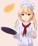  :o alternate_costume blonde_hair chef_hat chef_uniform commentary_request expressionless flandre_scarlet food frying_pan hat holding holding_pan long_sleeves looking_up miyo_(ranthath) pancake parted_lips red_eyes red_neckwear short_hair side_ponytail simple_background solo standing tan_background toque_blanche touhou upper_body white_hat white_uniform wings 